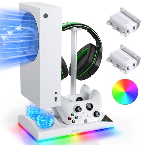FYOUNG Upgrade RGB Kühllüfter Stand für Xbox Series S Konsole mit 15 Buntem Licht, Dual Controller Ladestation Kühler Base System für Xbox Series S Zubehör mit 2 * 1400mAh wiederaufladbare Batterie