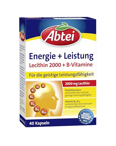 Abtei Energie + Leistung – 2000 mg Lecithin + 7 B-Vitamine - hochdosiert - Nahrungsergänzung für Konzentration und die geistige Leistungsfähigkeit - 1 x 40 Kapseln