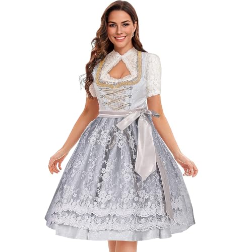 Dirndl Damen Midi Elegante Lila, Dirndl Bluse Damen mit Bluse Spitze & Dirndl & Schürze Set 3 Teilig, Trachtenrock Knielang Lang, Karneval Oktoberfest Outfit Hochgeschlossen Trachtenkleid Edles (40)