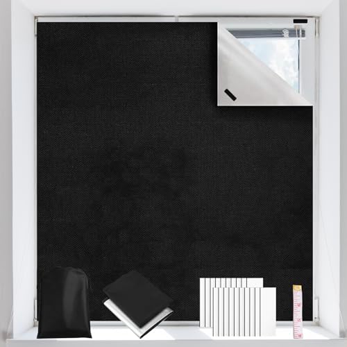 Fenster Verdunklungsstoff 100% Lichtundurchlässig, 100x145cm Verdunklungsrollo Ohne Bohren Dachfenster Verdunkelung Verdunklungsfolie Reise Verdunkelungsrollo inkl Klettband (Schwarz, 100 x 145 cm)