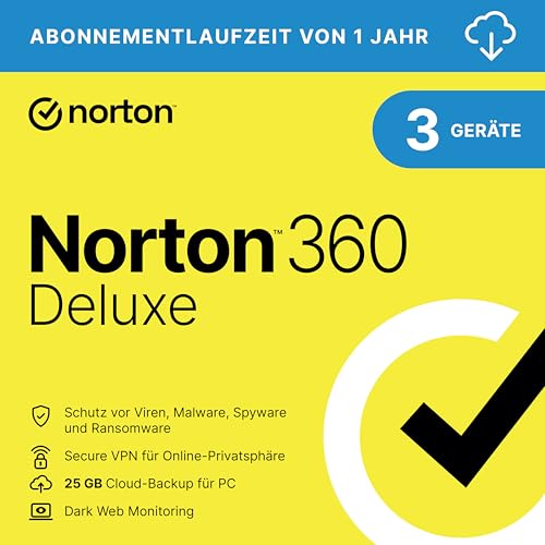 Norton 360 Deluxe 2024 | 3 Geräte | Antivirus | Secure VPN | Passwort-Manager | 1-Jahres-Abonnement | PC/Mac/Android/iOS | Aktivierungscode per Email