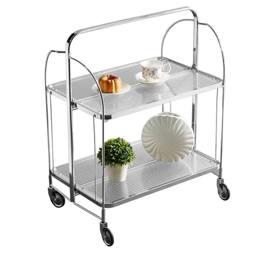 Mobile Storage Folding Trolley, Servierwagen, Dinett Ablagekorb 2 Tier Clear gehärtetes Glas with Wheels, 2 Etagen, zusammenklappbar, für Küche, Bar, Rollwagen, Weinwagen, moderner Getränkewagen