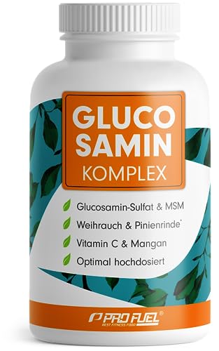 Glucosamin Komplex hochdosiert, 120 Kapseln, Hochwertige Matrix mit Glucosamin, Weihrauch, MSM, Pinienrinde, Mangan und natürlichem Vitamin C aus Hagebutten-Extrakt, optimal hochdosiert, Monatsvorrat