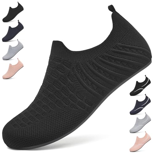 BARFULKER Hausschuhe Damen Herren Leichte Hüttenschuhe Rutschfest Pantoffeln Bequem Slip on Flache Home Slippers Unisex Haussocken Barfußschuhe Hausschuhsocken. Schwarz,40 EU