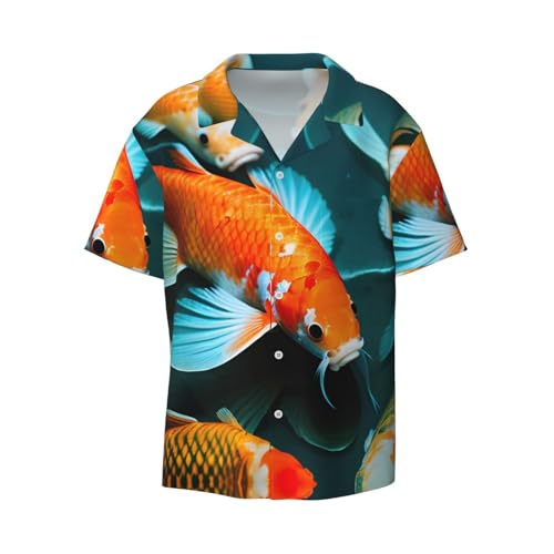 HD Koi-Fisch-Herrenhemden, klassisch, hawaiianisch, kubanischer Stil, Urlaubskleidung, atmungsaktive Button-Down-Shirts für Herren, Schwarz, M