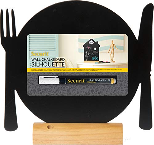SECURIT - Silhouette Tischkreidetafel "Teller mit Besteck" + Weißer Marker - Doppelseitige Tafel mit Griff - Holzständer - Cafés, Bars, Restaurants - 33,5x21x6cm - Natur/Schwarz