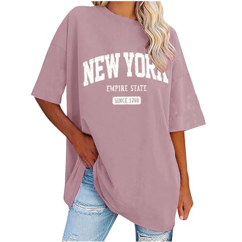 Oversize Shirt Damen Sommer Einfarbige Tshirt Basic Rundhals Sportshirt Elegant Solide Longshirt Bequem Baumwolle Sweatshirt Frauen Tunika Tops Teenager Mädchen Pullover All-Match Oberteile S-XXL