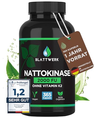 Nattokinase 2000 FU - JAHRESVORRAT - 365 Nattokinase Kapseln je 100mg (20.000 FU/g) - Deutsche Herstellung - Nattokinase hochdosiert - Natto aus Soja - 100% Vegan - Laborgeprüft - BLATTWERK