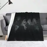 Schwarze Weltkarte Decke Flanell Überwurfdecken :: 152,4 x 127,7 cm, warme Decke für Bett, Sofa, Couch, Schlafzimmer, Herren, Frauen, Geschenk.
