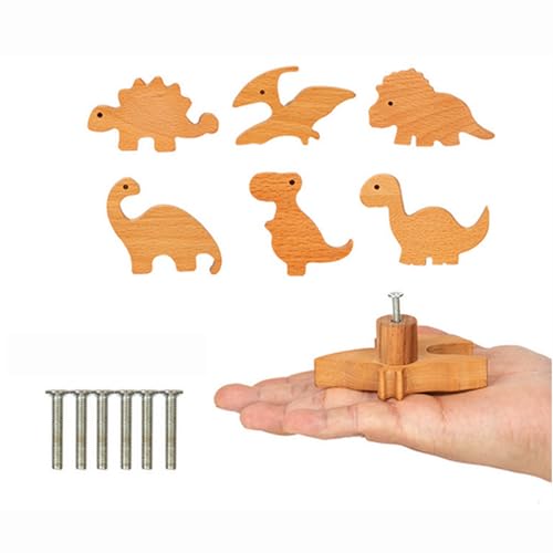 BOKIOESDE 6er Set niedliche Tier Garderobenknöpfe, handgefertigte und funktionale Möbelgriffe, breites Anwendungsspektrum, Holz Türgriffe, Dinosaurs