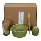 Matcha Set,Matcha Rührer Set mit Keramik Matcha-Schale,Matcha-Schneebesen-Ständer und Teelöffel aus Bambus,Klassisches Grün Matcha-Teezeremonie,Japanisches Zubehör für die Matcha-Zeremonie (4er-Set)