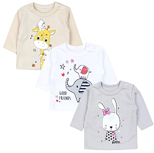 TupTam Unisex Baby Langarmshirt mit Spruch Aufdruck 3er Set, Farbe: Kaninchen Grau Giraffe Beige Elefant Weiß, Größe: 50