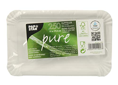 Papstar Pappteller / Einwegteller weiß, eckig, "Pure" (250 Stück), aus 100% Frischfaser-Karton,11 x 17.5 cm, lebensmittelecht, kompostierbar, für Haushalt/Gastronomie, #11057