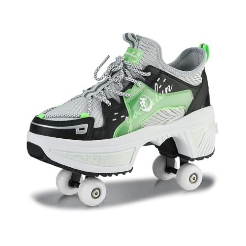 Schuhe mit Rollen für Jungen Mädchen, Rollschuhe mit 4 Einziehbaren Rädern, 2-in-1 Rollschuhen und Sneakers, Roller Skate Shoes für Kinder Teenager (Grün, 38)