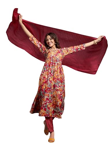 AnjuShree Choice Kurti-Kurta-Set für Damen mit Dupatta, Rot/Blumenmuster, X-Large