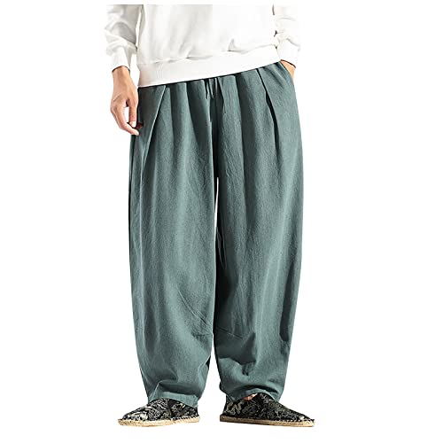 Arbeitshosen, Herren Casual Loose Solid Color Leinenhosen Baumwolle Casual Wide Leg Pants Unterhosen Besten Trainingshosen D Ckies 874 Pants Jeans Mit Gummizug Pants Clothes (4XL, Dark Green)