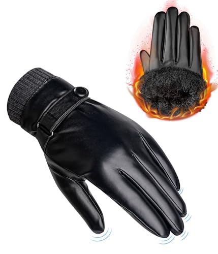 CAOZITOU PU Lederhandschuhe Herren Winter,Thermo Handschuhe Warme Fleece Touchscreen, Winterhandschuhe Winddicht Wasserdichte Gefütterte für Outdoor Fahren(Schwarz, M)