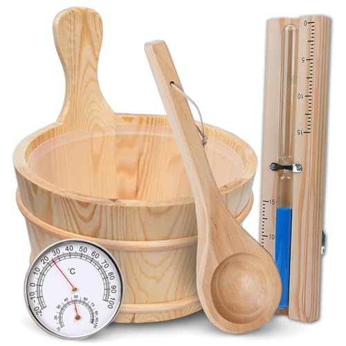 Sauna Eimer Set (4 Liter), Sauna Eimer mit Kelle, Saunakã Bel aus Holz mit Kelle Sanduhr, Thermo, Hygrometer, Hitzebeständiger Saunakã bel 4L Inkl Einsatz