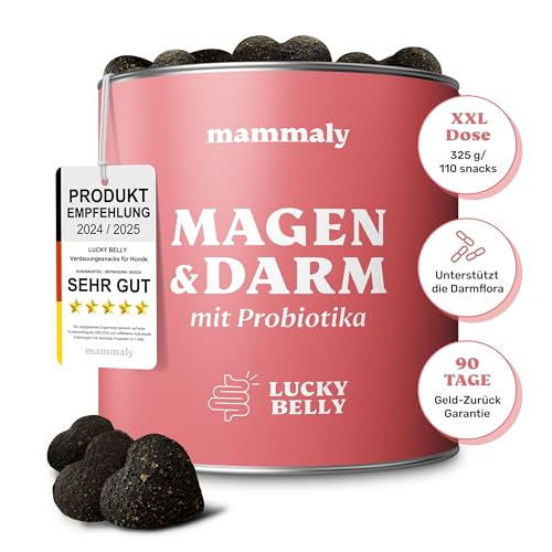 9-in-1 Probiotika-Komplex für Deinen Hund - Lucky Belly 110 Snacks (325g) von mammaly - Gras und Kotfresser Drops fördern die Darmregulierung und Verdauung - Verdauungssnacks für Hunde mit Vitamin E