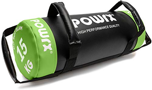 POWRX Power Bag I 5-30 kg I Kunstleder Fitness Bag für Functional Fitness (15 kg Schwarz/Hellgrün)