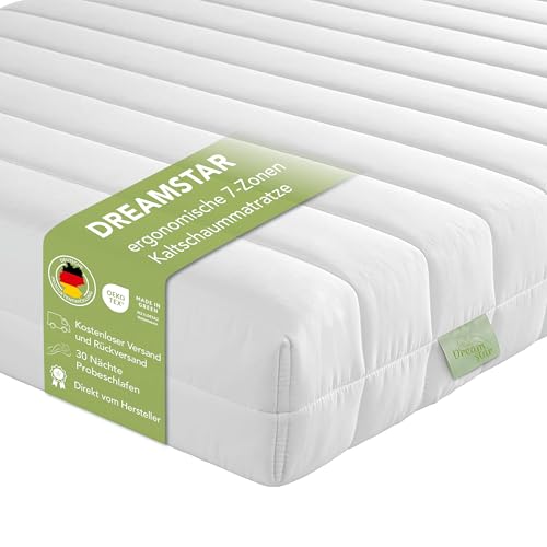 DREAMSTAR Easy Flex | ergonomische 7-Zonen Kaltschaummatratze | Öko-Tex Zertifiziert | Härtegrad 2 und 3 (H2 & H3) | Rollmatratze | Made in EU I 90 x 190 cm