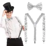 BOFUNX Silvester Kostüm Accessories, Pailletten Hosenträger und Fliege glitzer Silvester Outfit für Karneval Mottoparty JGA Herren Damen Kostüm Zubehör (Silber)