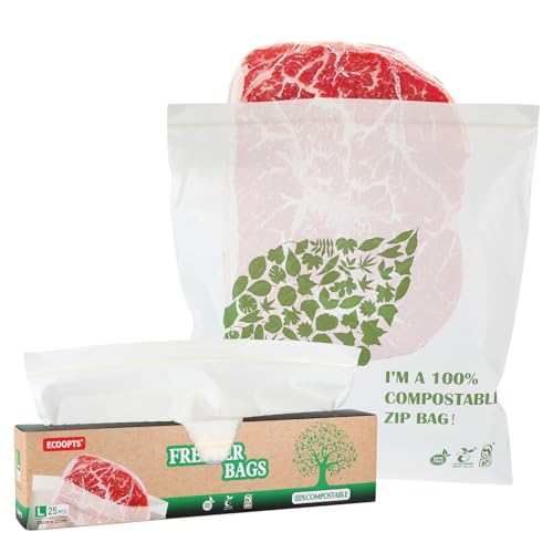 ECOOPTS 100 % kompostierbare, große Sandwich-Beutel mit Reißverschluss, umweltfreundliche Lebensmittelaufbewahrungsbeutel, Gefrierbeutel, pflanzlich, BPA-frei, gut verschließbar für Obst, Lebensmittel