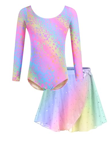 Bricnat Ballettkleidung Mädchen Langarm Tanzkleid Kinder Baumwolle Balletttrikot Ballettkleid Ballettanzug Tanzbody mit Rock Tütü Regenbogen 130