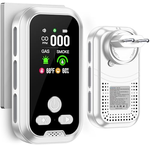 Gedsffati Plug in 5in1 Rauchmelder kohlenmonoxid melder Gasmelder Kombination, mit 2000mAh Batterie & 2.1'' HD Bildschirm [CO Rauch Gas Temp Feuchtigkeits Monitor] Plug&Play für Home Hotel, Weiß