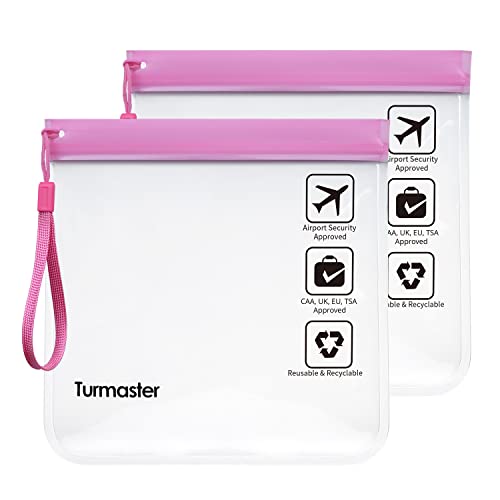 Turmaster 2 Packen Flughafen zugelassener durchsichtiger Kulturbeutel, auslaufsichere Flughafensicherheit zugelassene Flüssigkeitsbeutel 20 x 20cm, wasserdichte Reisekulturbeutel,Rosa mit Griff