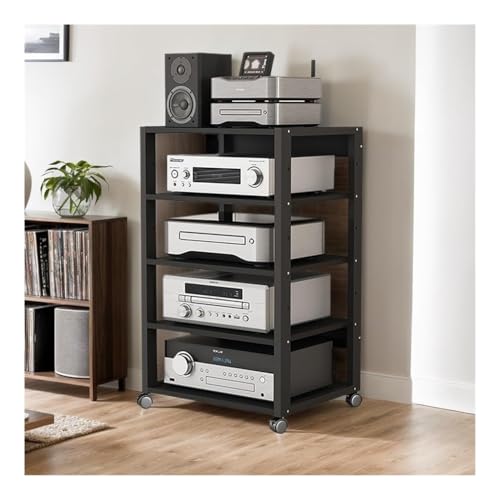 BIYODAN AV-Media Tower-Stereoschrank, bodenstehendes Audio-Rack mit 3/4/5 Ebenen, CD-DVD-Plattenspielerständer, bewegliches Ecklagerregal mit Rädern for Heimkino(5 Tier)