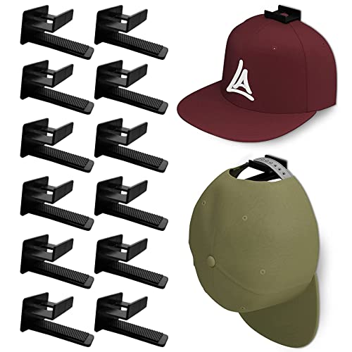 Baoswi Adhesive Hat Rack Display Haken für Wand & Tür (12 Stück) Baseball Cap Halter, Schrank & Aufbewahrungs-Organizer, Starker Kappenaufhänger für Zimmer & Mancave, Ohne Bohren (Schwarz)