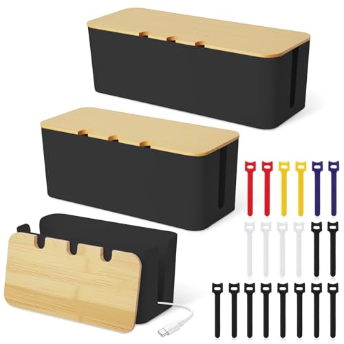 3 Stück Kabelbox Schwarz, Kabelmanagement Box, Kabel Box mit Holzdeckel, Cable Management Box mit 20 bunten Kabelbindern zur Aufbewahrung, zum Verstecken und Ordnen in Groß, Mittel und Klein