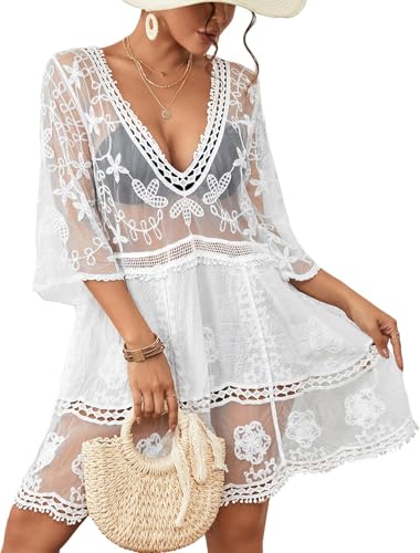 Bacxzomx Damen Strandkleid, Strandponcho Bikini Cover Up, Sexy Spitze V-Ausschnitt Freizeitkleid Sonnenschutz Strandkleid