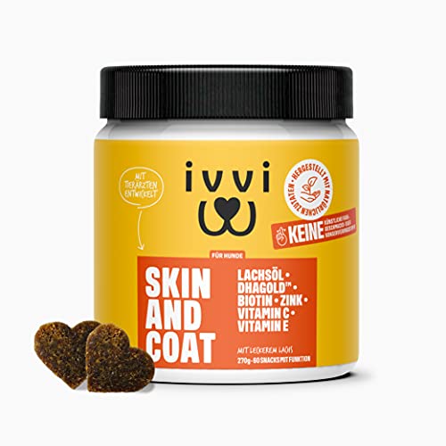 ivvi Skin & Coat Omega 3 für Hunde gegen Juckreiz im Leckerliformat, für gesunde Haut & glänzendes Fell – mit Biotin, DHAgold, Zink, Vitamin C, Lachsöl - 60 leckere Snacks (270g) mit Lachs