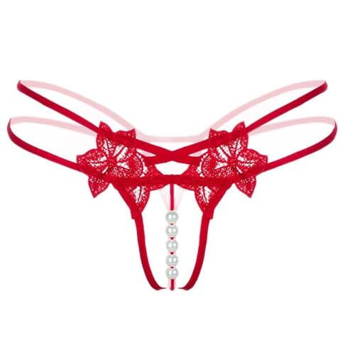 2025 - Unterwäsche G Pearl Thong V-Strand Lady 's Höschen Taille niedrig reizvolle Frauen Anhänger Dessous Bänder (Red, One Size)