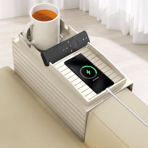 CIGAA Silikon Sofa Armlehne Tray, Flexibler und klappbarer Couchtisch mit Rutschfester Oberfläche für Snacks, Telefon, Fernbedienung, Tassen - Beige