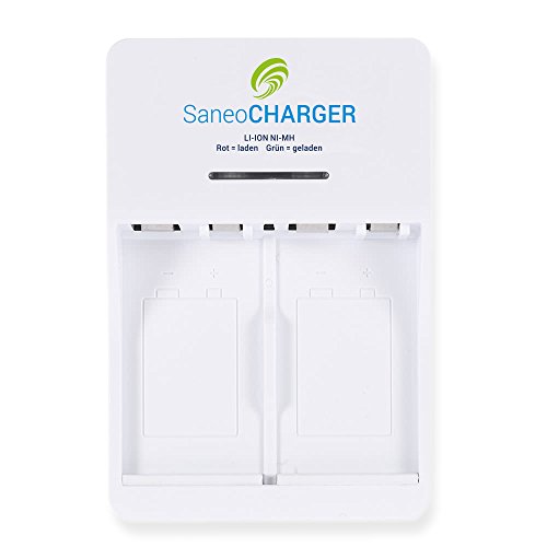 SaneoCHARGER - Universal Ladegerät für wiederaufladbare Akkus - Akku-Ladegerät Li-ion NI-MH LiFeP04 9V Akku-Batterien - deutsche Markenqualität