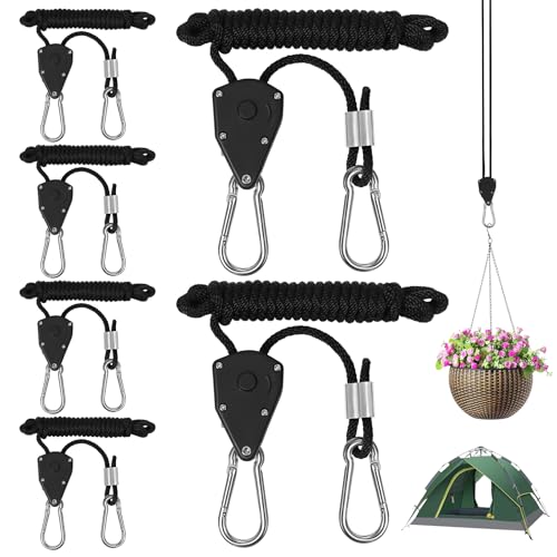 6 Stück Ratchet Hanger, 1/8 Zoll Verstellbare Seilratsche mit Haken, 2M Seilspanner Einstellbare Seilhaken Ratsche für Pflanzenlampe, Zimmerpflanzen, Licht, Sonnensegel, 68kg Tragkraft