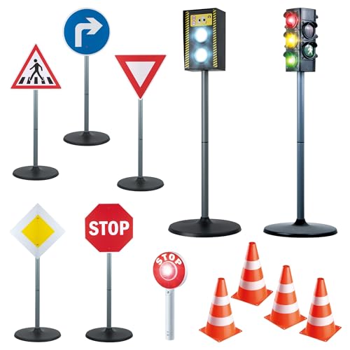 XL Verkehrs-Spielset für Kinder | spielerische Verkehrserziehung mit Spielzeug Ampel und Blitzer | 5 Verkehrsschilder mit verschiedenen Verkehrszeichen | 4 Pylonen und Polizeikelle mit Licht
