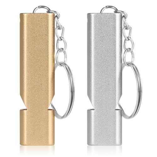 FOMGIIN 2 Stück Trillerpfeife, Whistle Signalpfeife Notfall Laut, Metall Trillerpfeifen Notfallpfeife mit Schlüsselanhänger, Outdoor Emergency Schiedsrichter Survival Pfeife（Golden, Silber）