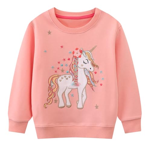 Dioshark Baby Mädchen Sweatshirt Glitzer Pailletten Rosa Pullover Einhorn Blumen Stickerei Baumwolle Pulli Langarm Weich Rundhals Herbst Shirt Casual Sport Top für Kleinkind Alter 2-3 Jahre