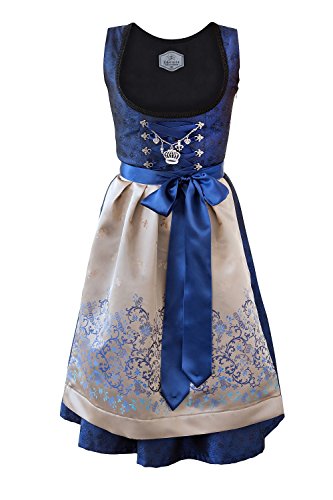 Edelnice Trachtenmode Bayerisches Damen Midi Dirndl Kleid 2-teilig + Schürze Royalblau Gold - Blau Gr. 38