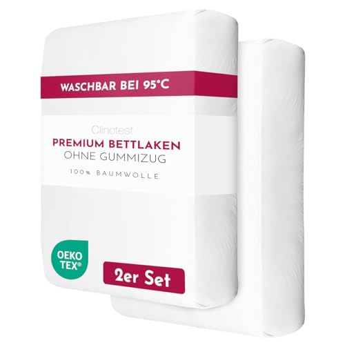 Clinotest Premium Bettlaken ohne Gummizug aus 100% Baumwolle 100x200 cm im 2er Set – Kochfestes Betttuch in Hotelqualität, als Tischdecke, Fotohintergrund, Abdeckung & Decke - für Pflegeeinrichtungen