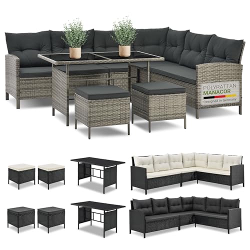 Juskys Polyrattan Lounge Manacor mit Ecksofa, Esstisch, 2 Hocker & Kissen - wetterfest bis 7 Personen - Bezüge waschbar - Rattan Garten Sitzgruppe Gartenlounge Gartenmöbel Set - Grau-meliert