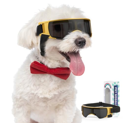 Lewondr Sonnenbrille für Hunde UV Schutzbrille, Hunde Winddichte & Antibeschlagbrille & Wasserdichter Hundebrille mit Einstellbar Gummiband für Kleine Hunde im Freien, Schwarz & Gold