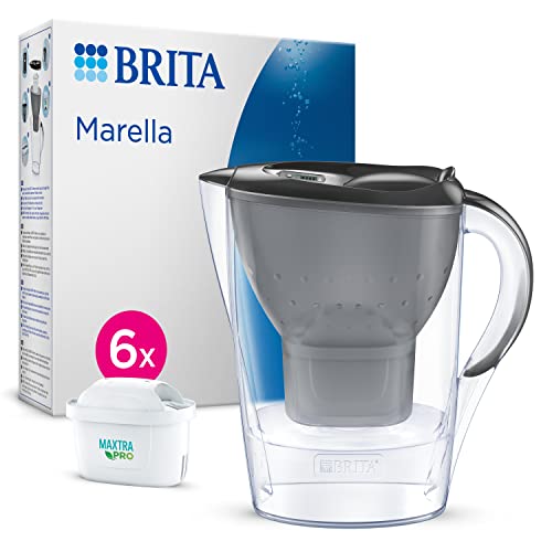 BRITA Wasserfilter Kanne Marella graphit (2,4l) inkl. 6x MAXTRA PRO All-in-1 Kartusche (Halbjahrespaket) – Wasserfilter zur Reduzierung von Kalk, Chlor, Kupfer & geschmacksstörenden Stoffen im Wasser