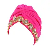 JDYaoYing Turbane für Frauen Turban Hut Wrap Plissee Beanie Mütze Strass Vintage Hut Afrikanische Turbane, Rose