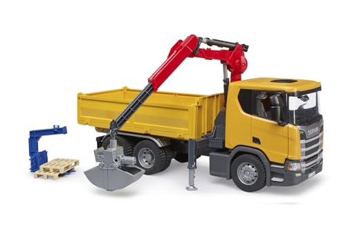 bruder 03551 - Scania Super 560R Baustellen LKW mit Kran & 2 Paletten - 1:16 Fahrzeuge, Baufahrzeug, Kranwagen, Lastwagen, Spielzeug ab 4 Jahre