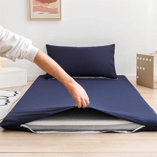 RASPIO Vollformatiger, Einfarbiger Futon-Matratzenbezug, Waschbarer Bodenmatratzenbezug Aus Baumwolle Mit Reißverschluss Als Schutzmatte(Navy Blue,Full/120x200cm)